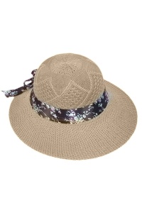 Palarie de dama, model elegant, accesorizat cu funda delicata imprimeu floral, tematica fashion summer, marime universala, maro