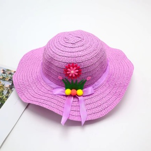 Palarie de soare, copii, model chic de vara pentru fetite, accesorizat cu flori si panglica, prindere sub barbie, margine ondulata, tematica cute summer, marime universala, mov - Img 2