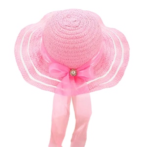 Palarie de soare, copii, model cute de vara pentru fetite, accesorizat cu funda pretioasa cu detaliu fashion, prindere sub barbie, margine ondulata, tematica elegant summer, marime universala, roz deschis