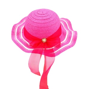 Palarie de soare, copii, model cute de vara pentru fetite, accesorizat cu funda pretioasa cu detaliu fashion, prindere sub barbie, margine ondulata, tematica elegant summer, marime universala, roz aprins