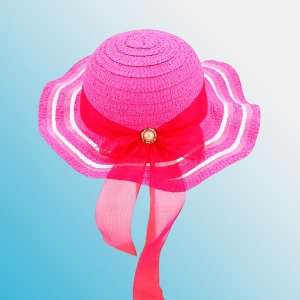 Palarie de soare, copii, model cute de vara pentru fetite, accesorizat cu funda pretioasa cu detaliu fashion, prindere sub barbie, margine ondulata, tematica elegant summer, marime universala, roz aprins - Img 2