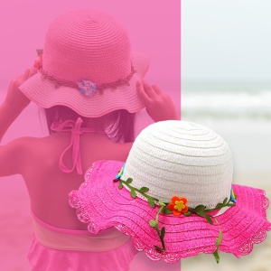 Palarie de soare, copii, model cute de vara pentru fetite, accesorizat cu floricele si frunzulite, prindere sub barbie, margine ondulata, tematica I love flowers, marime universala, roz inchis - Img 2