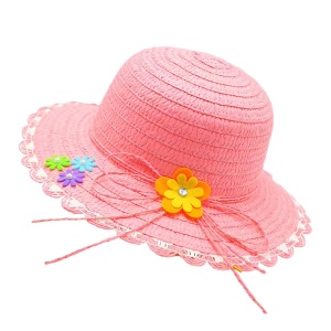 Palarie de soare, copii, model cute elegant pentru fetite, accesorizat cu flori multiple si fundita din sfoara, prindere sub barbie, margine fixa, tematica fashion summer, marime universala, roz deschis