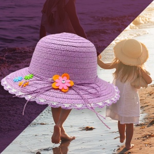 Palarie de soare, copii, model elegant pentru fetite, accesorizat cu flori multiple si fundita din sfoara, prindere sub barbie, margine fixa, tematica fashion summer, marime universala, mov - Img 3