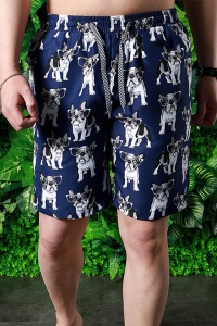 Pantaloni scurti de baie tip sort, barbati, albastri, imprimeu buldog francez cu ochelari, uscare rapida - Img 3