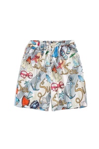 Pantaloni scurti de baie tip sort, barbati, albi, imprimeu accesorii plaja, uscare rapida