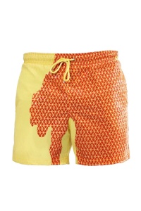 Pantaloni scurti de baie tip sort, barbati, galben, cameleon, imprimeu geometric romburi, uscare rapida