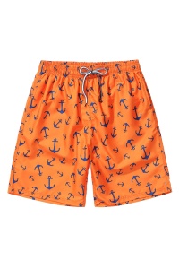 Pantaloni scurti de baie tip sort, barbati, imprimeu cu motive nautice ancora, model cool sailing summer, uscare rapida, portocaliu - Img 3