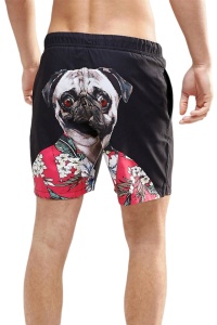 Pantaloni scurti de baie tip sort, barbati, imprimeu pug haios, model cool animal summer, uscare rapida, negru