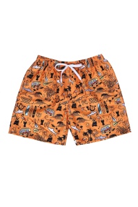 Pantaloni scurti de baie tip sort, barbati, model cu accesorii de plaja, imprimeu grafic tineresc, prindere cu snur, plasa de sustinere, tematica beach party, uscare rapida, portocalii