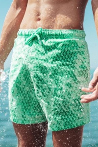 Pantaloni scurti de baie tip sort, barbati, verde, cameleon, imprimeu geometric romburi, uscare rapida - Img 3