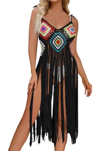 Pareo tip rochie pentru plaja, model cu franjuri transparent, tesatura traditionala, tematica crazy retro summer, negru