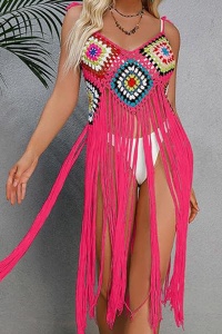 Pareo tip rochie pentru plaja, model cu franjuri transparent, tesatura traditionala, tematica crazy retro summer, roz - Img 3