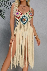 Pareo tip rochie pentru plaja, model cu franjuri transparent, tesatura traditionala, tematica crazy retro summer, bej - Img 4