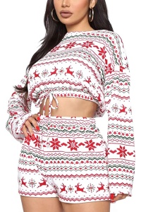 Pijama dama, haine de stat in casa, set 2 piese, bluza top cu maneca lunga si pantalon scurt, alb cu rosu si imprimeu tematica de Craciun