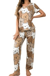 Pijama dama, set 2 piese, bluza cu maneca scurta si pantaloni lungi, model cute cu ursuleti hazlii, tematica happy bear world, multicolor