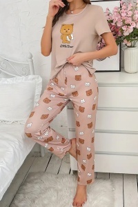 Pijama dama, set 2 piese, bluza cu maneca scurta si pantaloni lungi, model cute cu imprimeu ursuleti dragalasi, tematica little bear, maro deschis - Img 3
