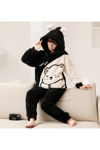 Pijama dama, set 2 piese, bluza maneca lunga cu gluga si pantaloni lungi, model cu animale, ursulet prietenos, tematica I love winter, neagra - Img 3