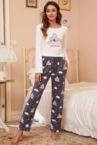 Pijama dama, set 2 piese, bluza maneca lunga si pantalon lung, alb si gri cu imprimeu koala somnoros - Img 3