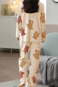 Pijama dama, set 2 piese, bluza maneca lunga si pantaloni lungi, model freedom cu ursuleti, tematica bear world, maro deschis - Img 2
