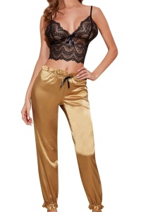 Pijama dama, set 2 piese, bluza tip bustiera si pantaloni lungi, negru cu auriu