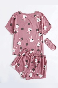 Pijama dama, set 3 piese, tricou maneca scurta, pantalon scurt si masca de dormit, mov cu imprimeu iepurasi - Img 2