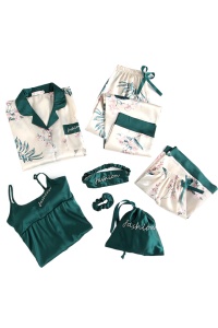 Pijama dama, set 7 piese, alb cu imprimeu verde delicat