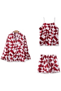 Pijama dama, set 7 piese, model confortabil, print cu romburi, tematica fashion elegant, alb cu rosu - Img 3