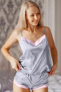 Pijama dama, sexy, set 2 piese, maieu si pantalon scurt, gri cu margini roz - Img 4