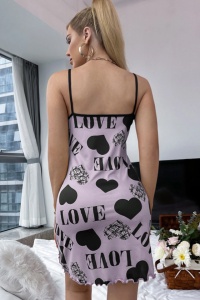 Pijama dama tip rochie scurta cu bretele subtiri reglabile, model cu inimioare, tematica I feel sexy, mov - Img 2