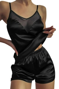 Pijama sexy dama, set 2 piese, top cu detaliu transparent la decolteu si pantaloni scurti, model confortabil elegant, negru - Img 3