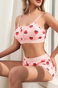 Pijama sexy dama, set 2 piese, top tip bustiera si pantaloni scurti, model cu imprimeu grafic, capsuni delicioase, roz - Img 4