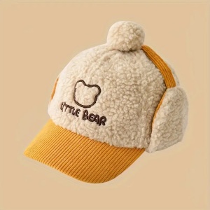 Sapca pentru copii, model cu pom pom, prindere reglabila cu scai in doua moduri, urechiuse amuzante, tematica little bear, 2 - 6 ani, galbena - Img 2