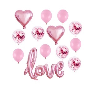 Set 13 baloane indragostiti, decor „Love“, simple si cu confeti, roz