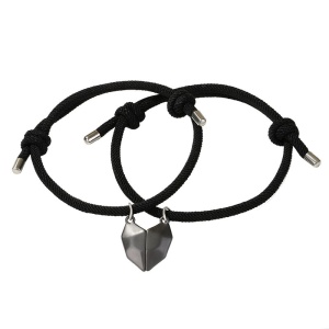 Set bratari cuplu cu inima magnet, tip sfoara, negre, reglabile, lucrata manual