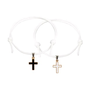 Set bratari cuplu, tip sfoara, cu accesoriu cruce, reglabile, albe