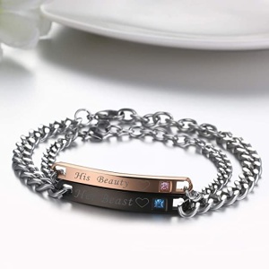 Set bratari indragostiti, his beauty her beast, bronz si neagra, reglabile, cu stras - Img 2