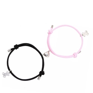 Set bratari tip sfoara, inima cu magnet, pandantiv ursuleti argintii, reglabile, unisex, neagra si roz