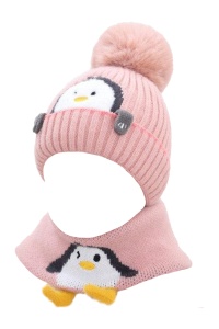 Set caciula copii cu fular pentru iarna, model pinguin vesel, 6 luni – 3 ani, roz
