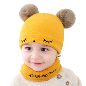 Set caciula iarna cu fular pentru copii, model cu urechi pom pom pufoase si sprancene, tematica love me more, marime universala, galben - Img 2