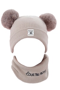 Set caciula pentru iarna cu fular pentru copii, model cu urechi pom pom, maro, marime universala