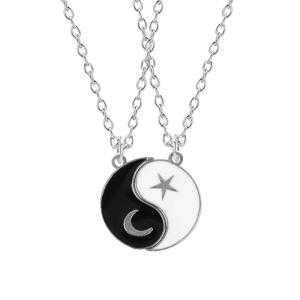 Set lant cuplu cu pandantive ying si yang, model soare si stele, unisex, argintiu