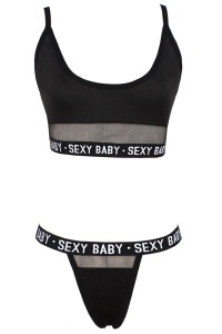 Set lenjerie sexy 2 piese, print sexy baby, bustiera si chilot tanga, negru - Img 2