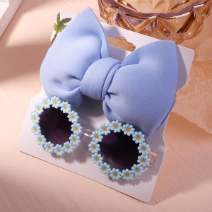 Set ochelari de soare pentru fetite cu funda supradimendionata pentru par, model floricele vesele, marime universala, albastru - Img 3