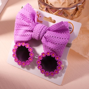 Set ochelari de soare pentru fetite cu funda supradimendionata pentru par, model floricele vesele, marime universala, mov - Img 4