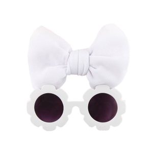 Set ochelari de soare pentru fetite, model rotund tip floare, accesorizat cu funda supradimensionata asortata, tematica fancy summer, marime universala, alb