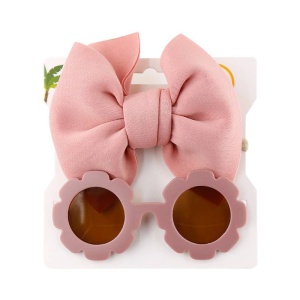 Set ochelari de soare pentru fetite, model rotund tip floare, accesorizat cu funda supradimensionata asortata, tematica fancy summer, marime universala, roz inchis - Img 2