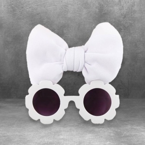 Set ochelari de soare pentru fetite, model rotund tip floare, accesorizat cu funda supradimensionata asortata, tematica fancy summer, marime universala, alb - Img 3
