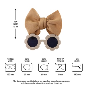 Set ochelari de soare pentru fetite, model rotund tip floare, accesorizat cu funda supradimensionata asortata, tematica fancy summer, marime universala, maro - Img 4