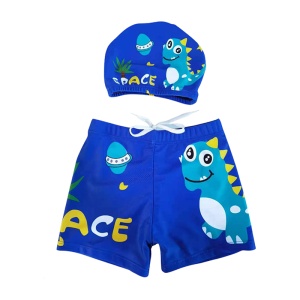 Set pantaloni de baie pentru baieti cu casca asortata, M2, tematica happy summer vibe, model dinozaur interstelar jucaus si extraterestrii prietenosi, albastru royal